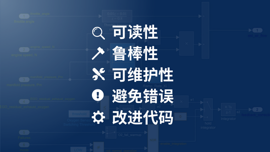 这张图片展示了建模规范如何提升Simulink模型的可读性、鲁棒性和可维护性。它们还能帮助避免错误并改进代码。