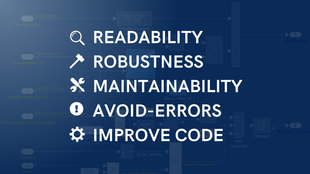 This image shows how modeling guidelines improve Simulink models' readability, robustness, and maintainability. They also help avoid errors and improve code.