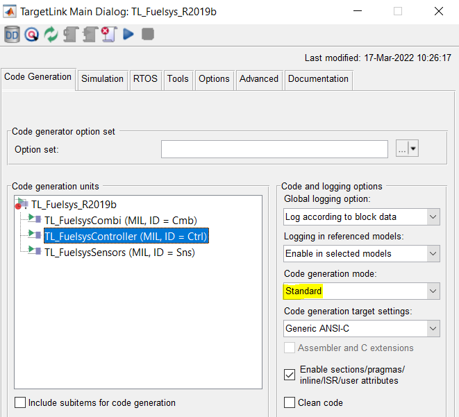 图27. TargetLink主对话窗代码生成模式设置为Standard