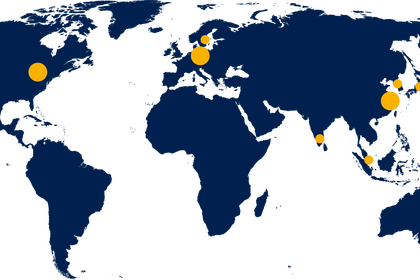 Dieses Bild gibt einen Überblick über den Hauptsitz von MES (Berlin), die Tochtergesellschaften in den USA und China sowie die internationalen Vertriebspartner.