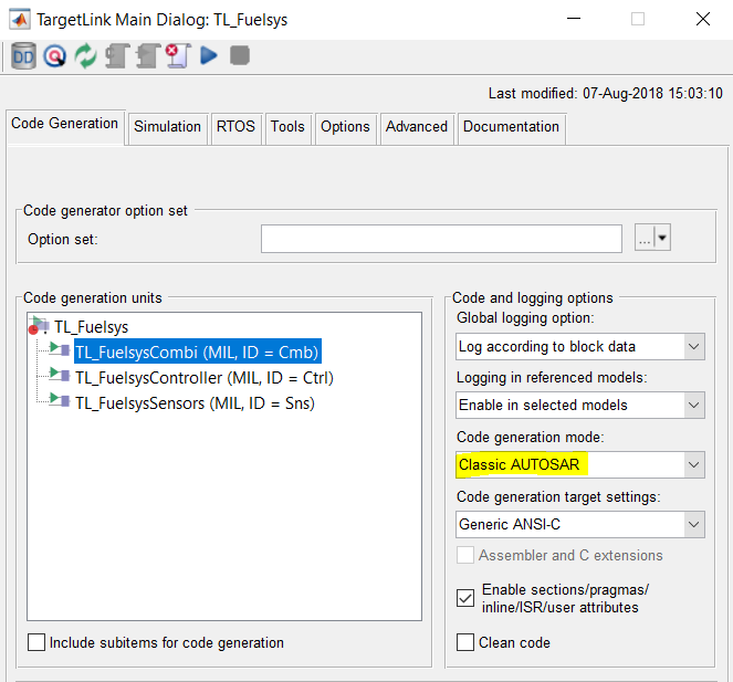 图29. TargetLink主对话窗代码生成模式设置为AUTOSAR