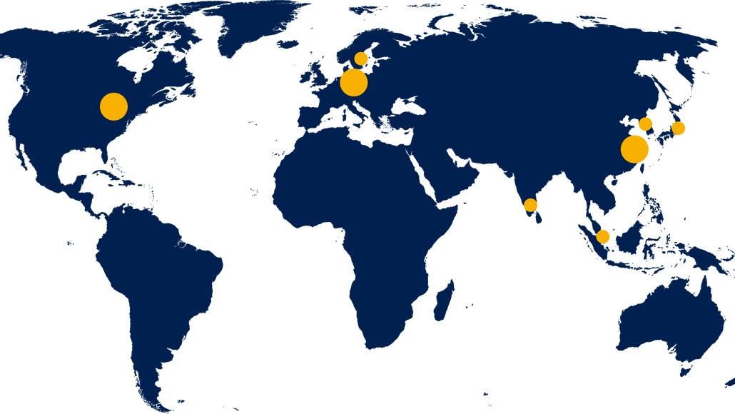 This image describes an overview of MES's headquarters (Berlin), subsidiaries in the USA and China, and international sales partners.