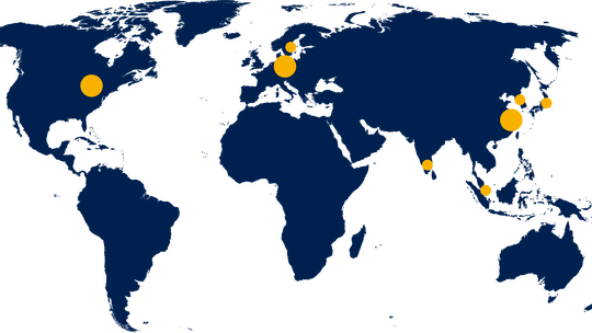 This image describes an overview of MES's headquarters (Berlin), subsidiaries in the USA and China, and international sales partners.