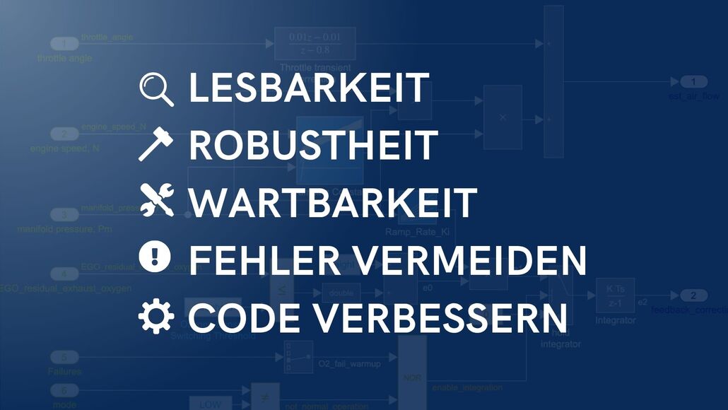 Dieses Bild zeigt, wie Modellierungsrichtlinien die Lesbarkeit, Robustheit und Wartbarkeit von Simulink-Modellen verbessern. Sie helfen außerdem, Fehler zu vermeiden und den Code zu verbessern.
