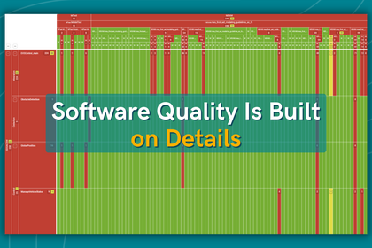 This image shows a comprehensive overview of the findings in the MES Quality Commander® (MQC) in the form of a heatmap, along with a text that says, "Software quality is built on details".