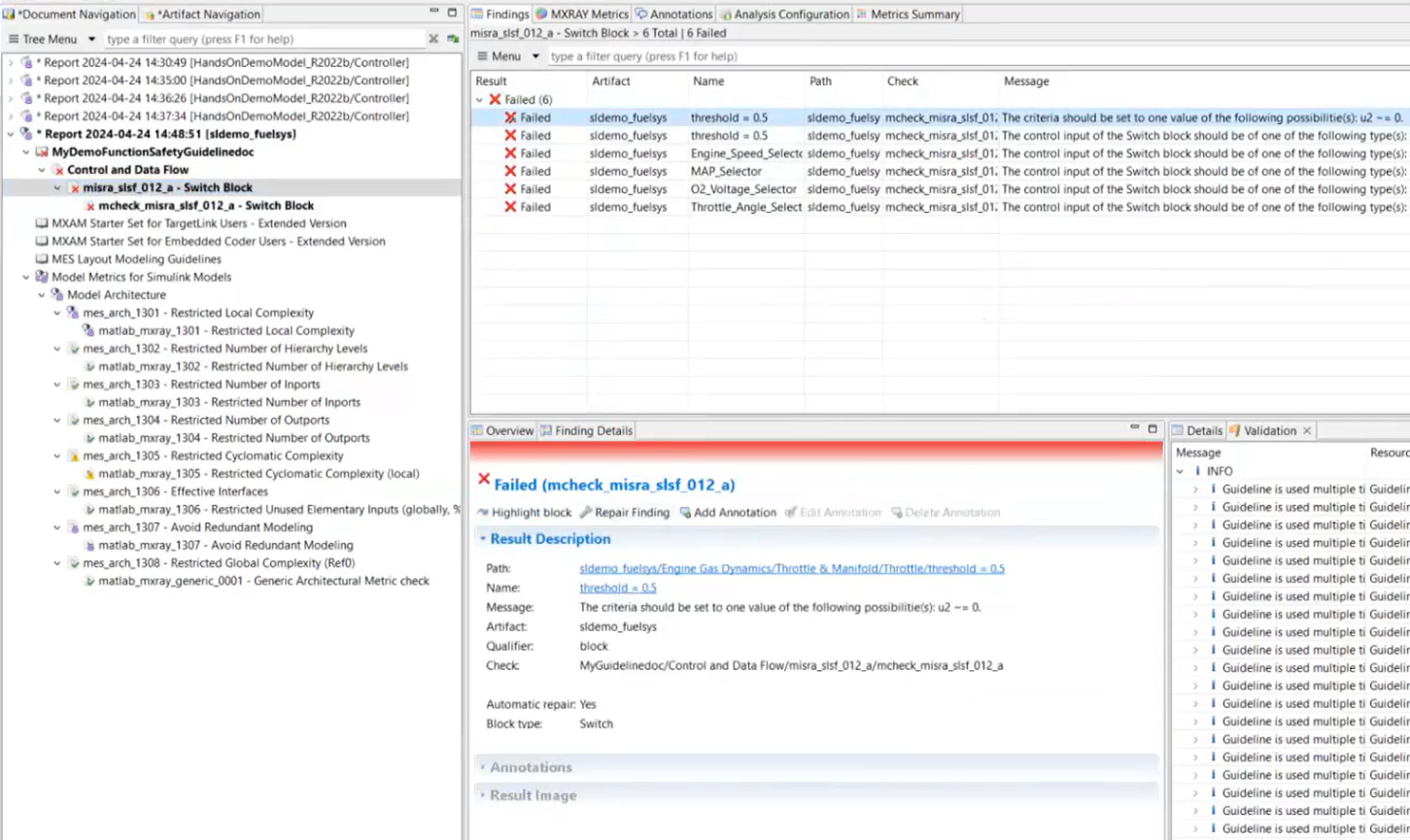 Figure 5: MXAM modeling guidelines analysis report