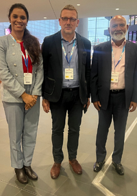 This image describes the EW25 meeting between MES and ESS: Pratibha Gopalam, Dr. Hartmut Pohlheim and Gurunatham Gopalam.