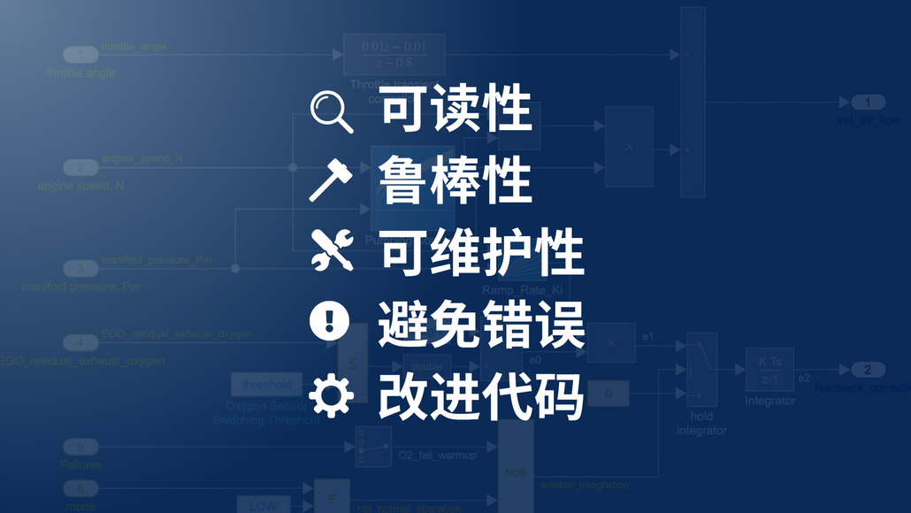 这张图片展示了建模规范如何提升Simulink模型的可读性、鲁棒性和可维护性。它们还能帮助避免错误并改进代码。