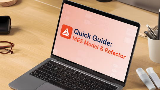 This image is a thumbnail showcasing a laptop with an MES Model & Refactor Quick Guide background.